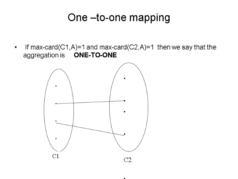 One –to-one mapping  If max-card(C1,A)=1 and max-card(C2,A)=1  then we say that the